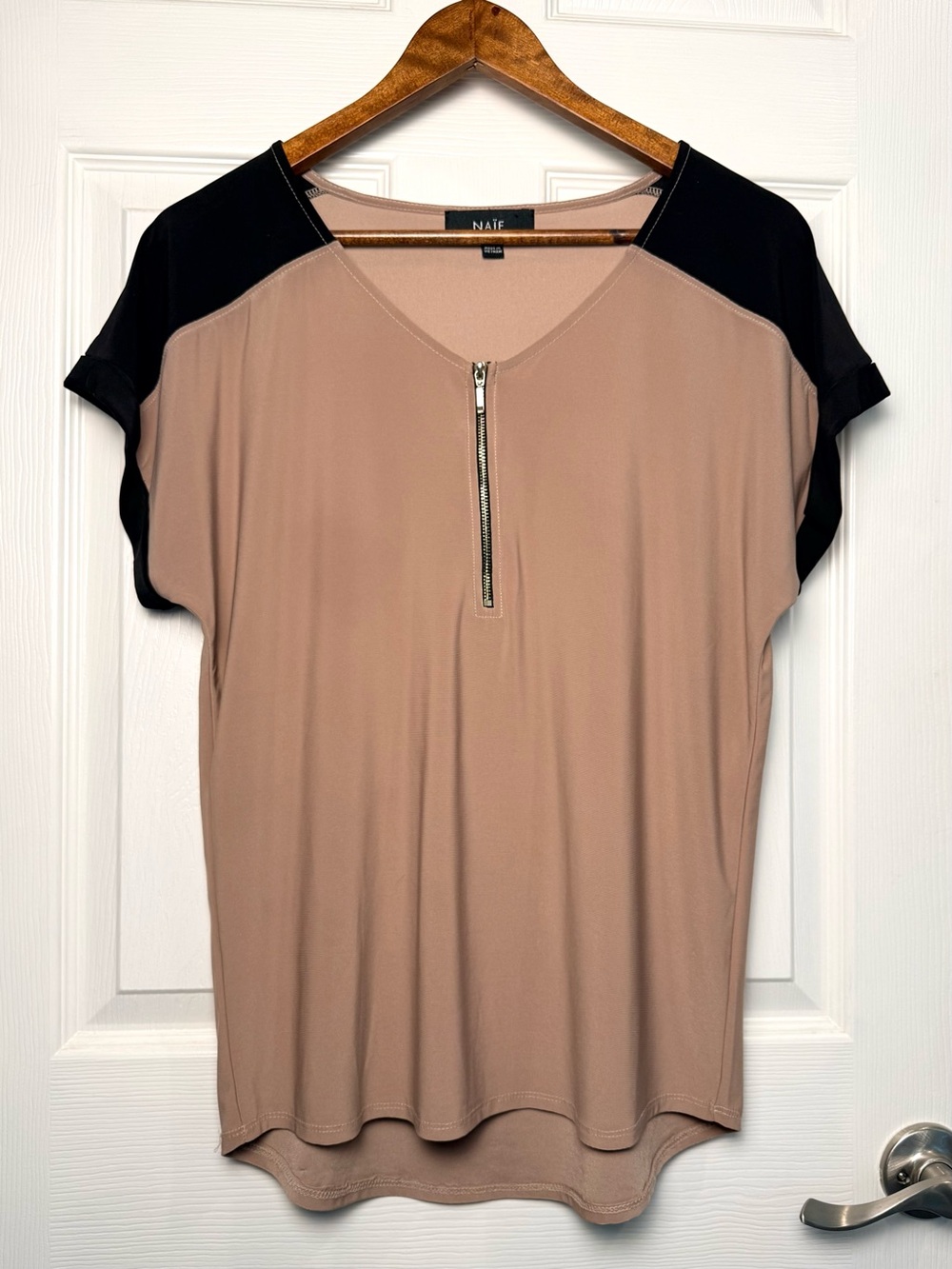 NAIF Taupe Short Sleeve Top with Black Shoulder Panels